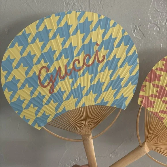Gucci Houndstooth Patterned Bamboo Paper Fans Blue Yellow Peach Pink Summer Hues